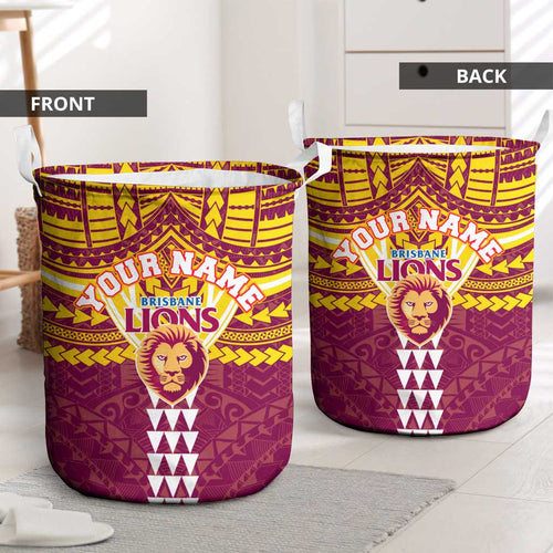 Personalized Brisbane Lions Laundry Basket Polynesian Tribal Pattern Heritage Football