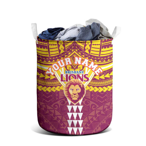 Personalized Brisbane Lions Laundry Basket Polynesian Tribal Pattern Heritage Football