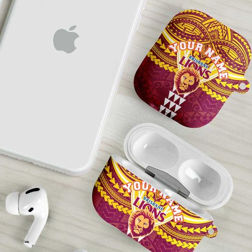 Personalized Brisbane Lions AirPods Case Polynesian Tribal Pattern Heritage Football