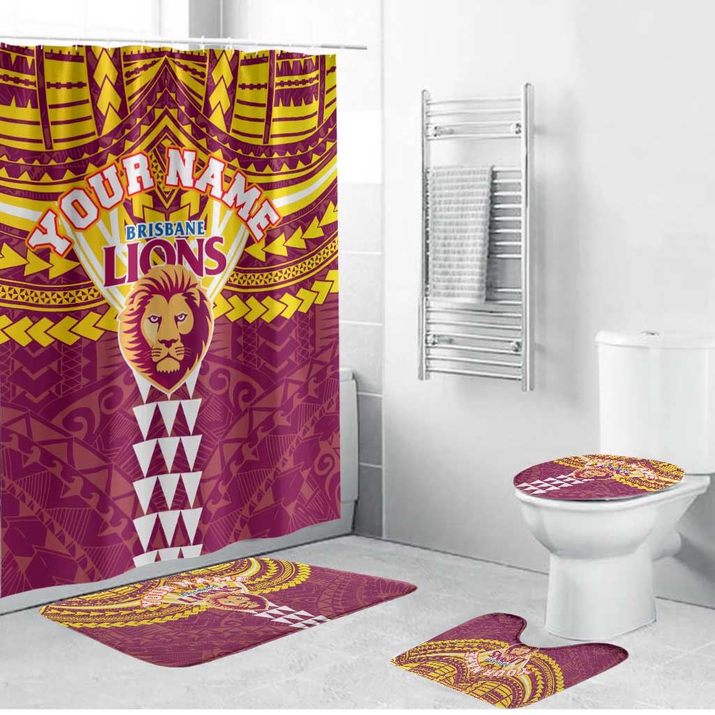 Personalized Brisbane Lions Bathroom Set Polynesian Tribal Pattern Heritage Football