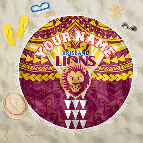 Personalized Brisbane Lions Beach Blanket Polynesian Tribal Pattern Heritage Football