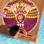 Personalized Brisbane Lions Beach Blanket Polynesian Tribal Pattern Heritage Football
