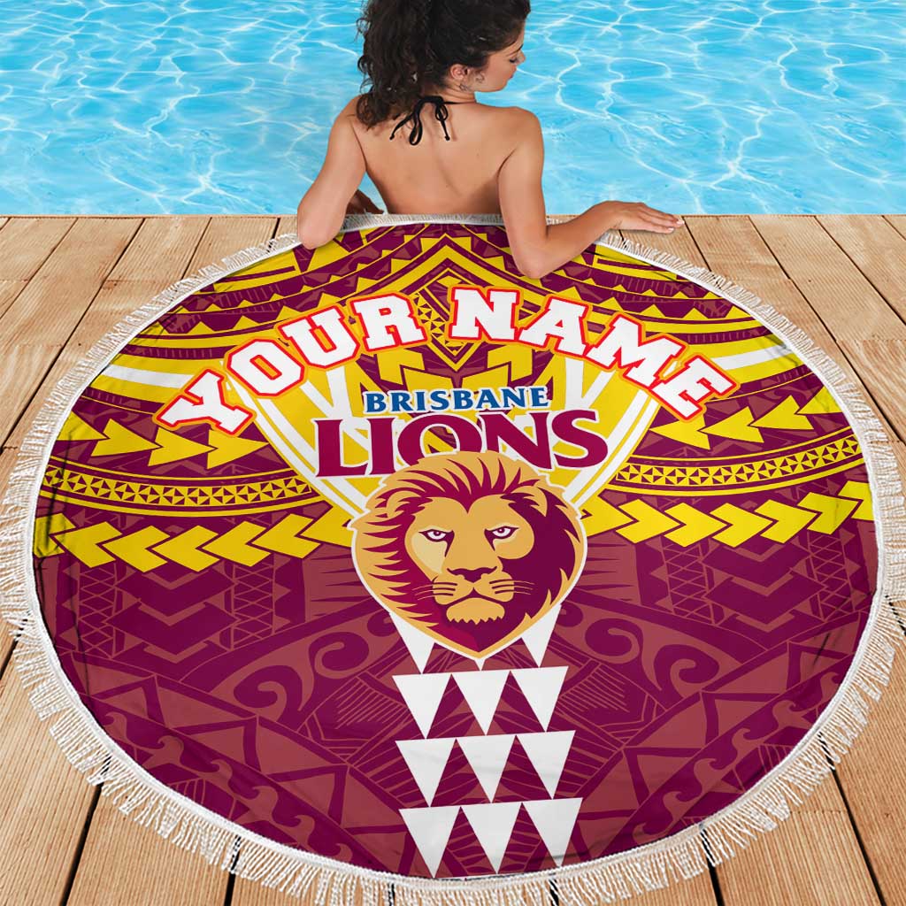 Personalized Brisbane Lions Beach Blanket Polynesian Tribal Pattern Heritage Football
