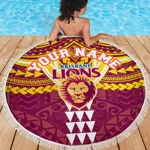 Personalized Brisbane Lions Beach Blanket Polynesian Tribal Pattern Heritage Football