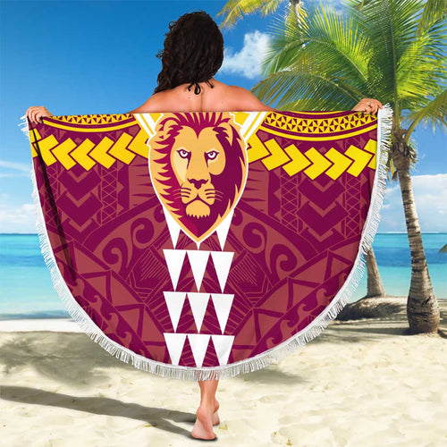 Personalized Brisbane Lions Beach Blanket Polynesian Tribal Pattern Heritage Football
