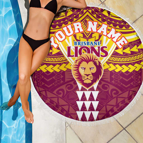 Personalized Brisbane Lions Beach Blanket Polynesian Tribal Pattern Heritage Football