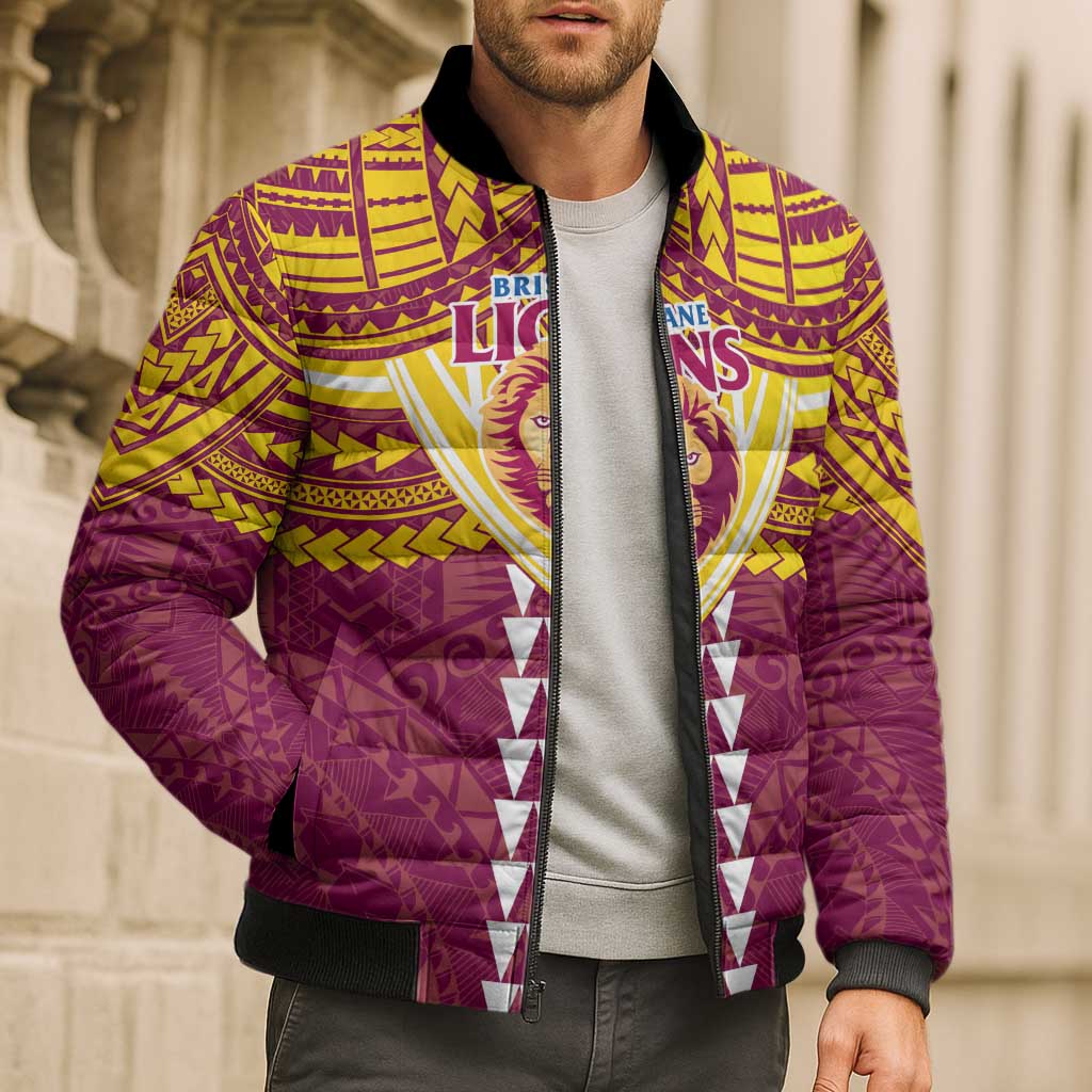 Personalized Brisbane Lions Bomber Puffer Jacket Polynesian Tribal Pattern Heritage Football