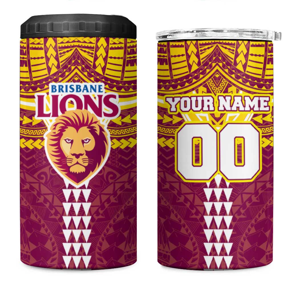 Personalized Brisbane Lions 4 in 1 Can Cooler Tumbler Polynesian Tribal Pattern Heritage Football