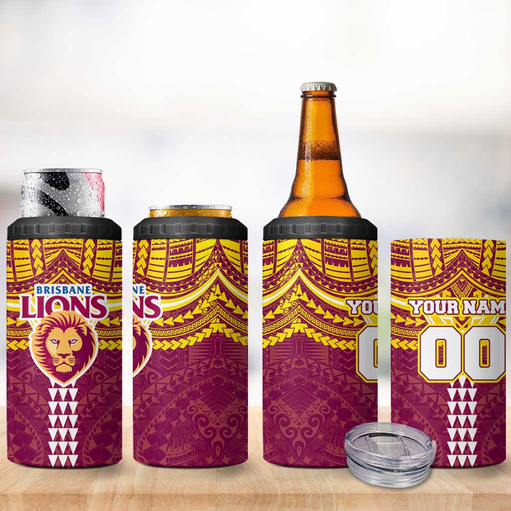 Personalized Brisbane Lions 4 in 1 Can Cooler Tumbler Polynesian Tribal Pattern Heritage Football