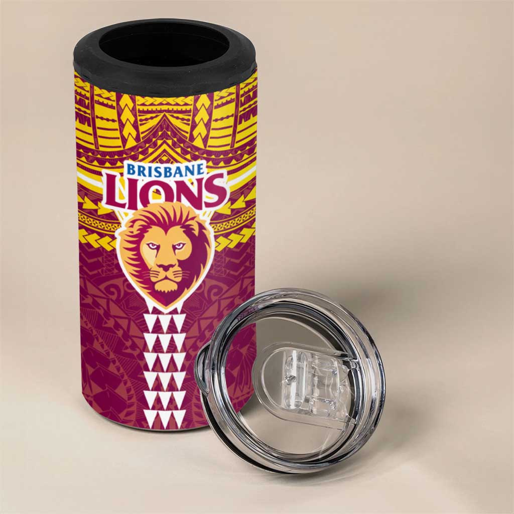 Personalized Brisbane Lions 4 in 1 Can Cooler Tumbler Polynesian Tribal Pattern Heritage Football