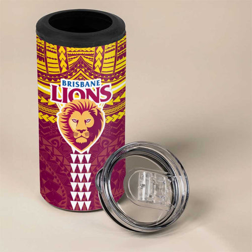 Personalized Brisbane Lions 4 in 1 Can Cooler Tumbler Polynesian Tribal Pattern Heritage Football