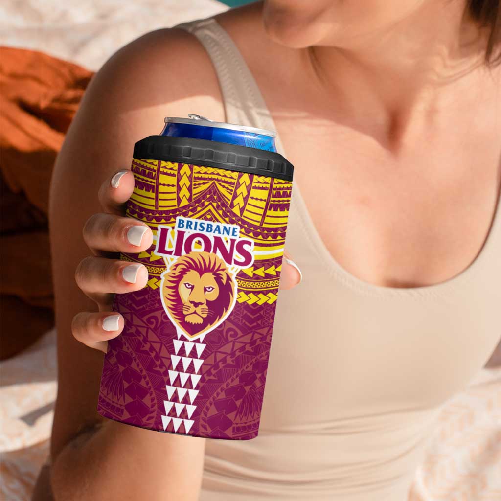 Personalized Brisbane Lions 4 in 1 Can Cooler Tumbler Polynesian Tribal Pattern Heritage Football