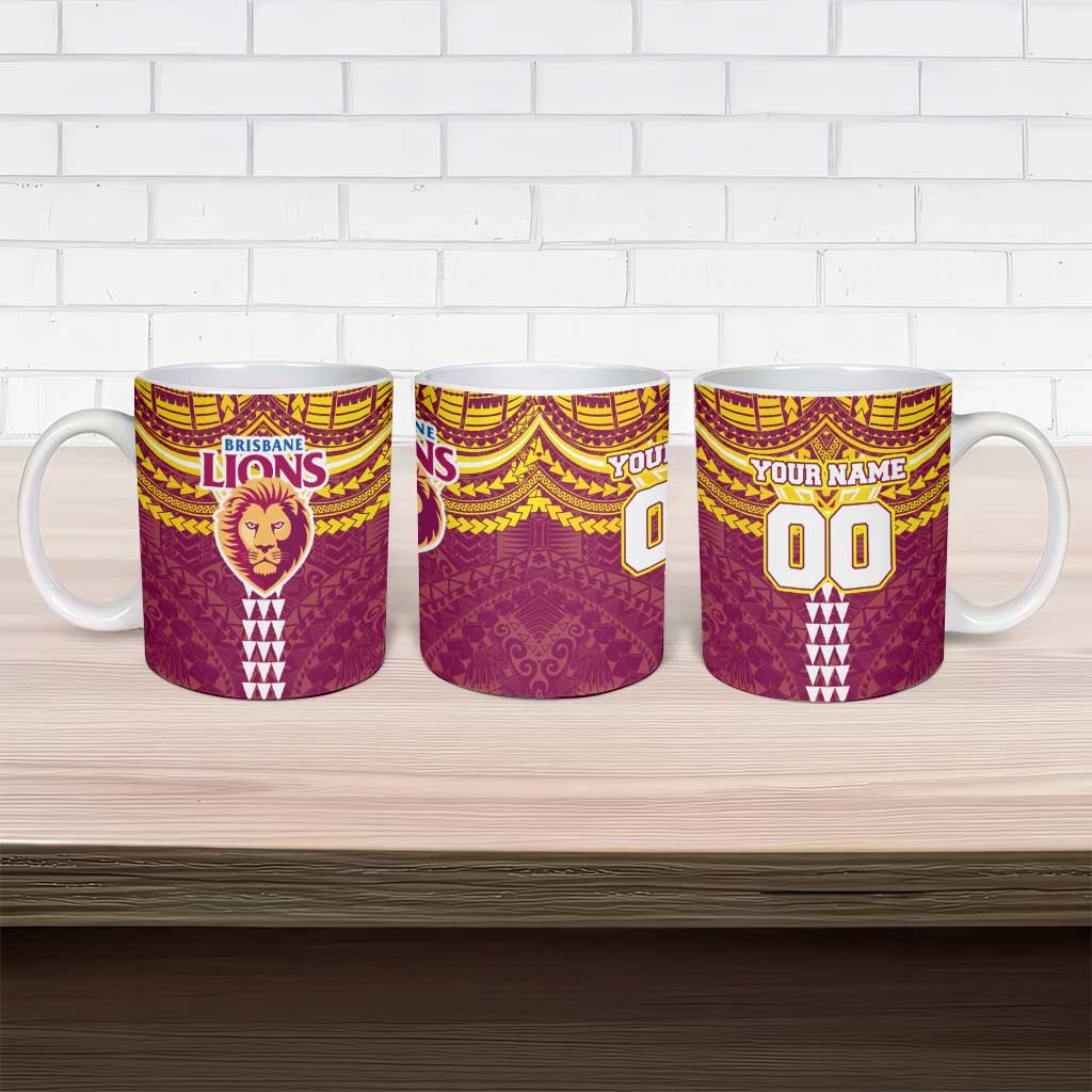 Personalized Brisbane Lions Ceramic Mug Polynesian Tribal Pattern Heritage Football
