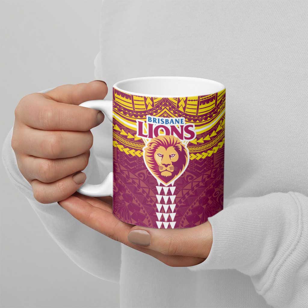 Personalized Brisbane Lions Ceramic Mug Polynesian Tribal Pattern Heritage Football