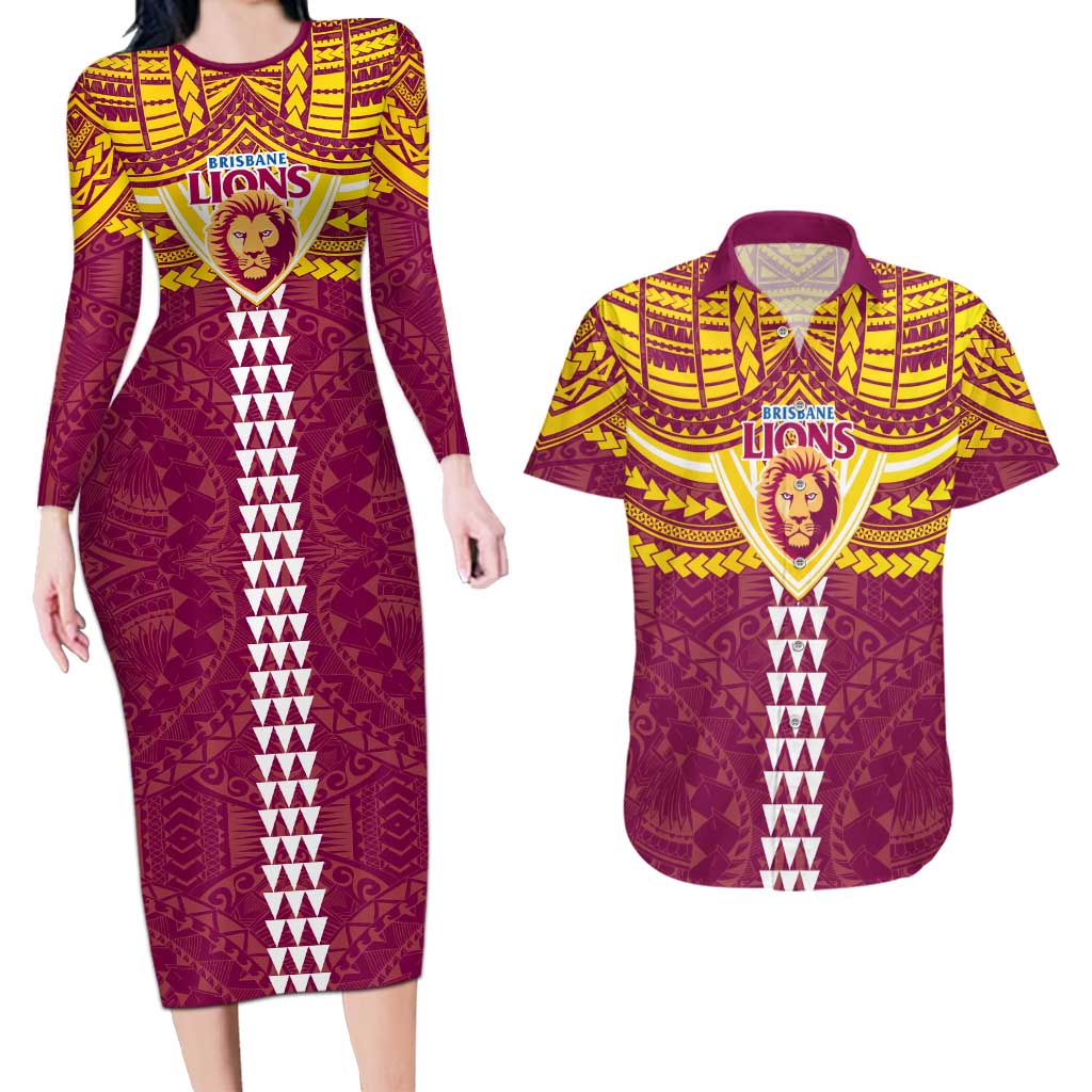 Personalized Brisbane Lions Couples Matching Long Sleeve Bodycon Dress and Hawaiian Shirt Polynesian Tribal Pattern Heritage Football