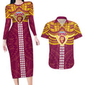 Personalized Brisbane Lions Couples Matching Long Sleeve Bodycon Dress and Hawaiian Shirt Polynesian Tribal Pattern Heritage Football