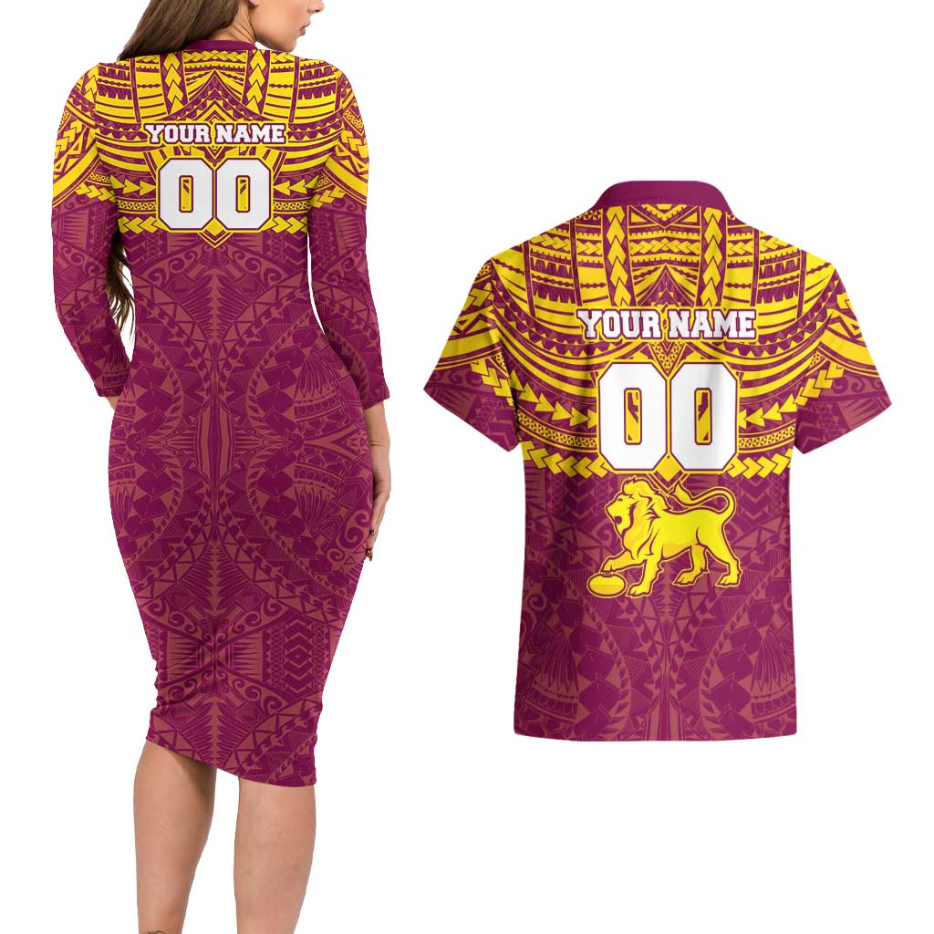 Personalized Brisbane Lions Couples Matching Long Sleeve Bodycon Dress and Hawaiian Shirt Polynesian Tribal Pattern Heritage Football