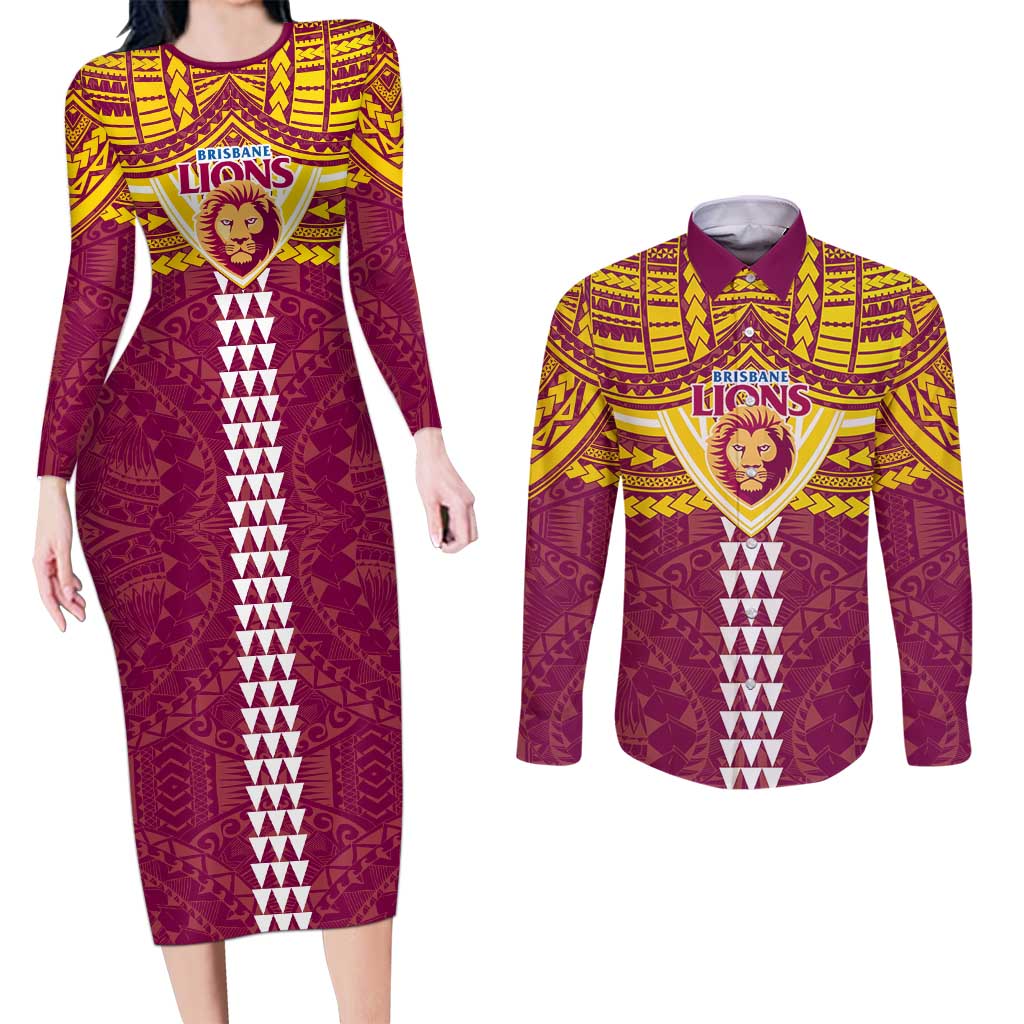 Personalized Brisbane Lions Couples Matching Long Sleeve Bodycon Dress and Long Sleeve Button Shirt Polynesian Tribal Pattern Heritage Football