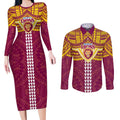Personalized Brisbane Lions Couples Matching Long Sleeve Bodycon Dress and Long Sleeve Button Shirt Polynesian Tribal Pattern Heritage Football