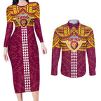 Personalized Brisbane Lions Couples Matching Long Sleeve Bodycon Dress and Long Sleeve Button Shirt Polynesian Tribal Pattern Heritage Football