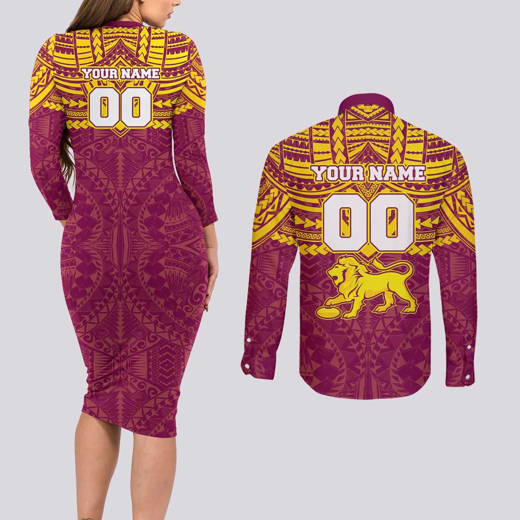 Personalized Brisbane Lions Couples Matching Long Sleeve Bodycon Dress and Long Sleeve Button Shirt Polynesian Tribal Pattern Heritage Football