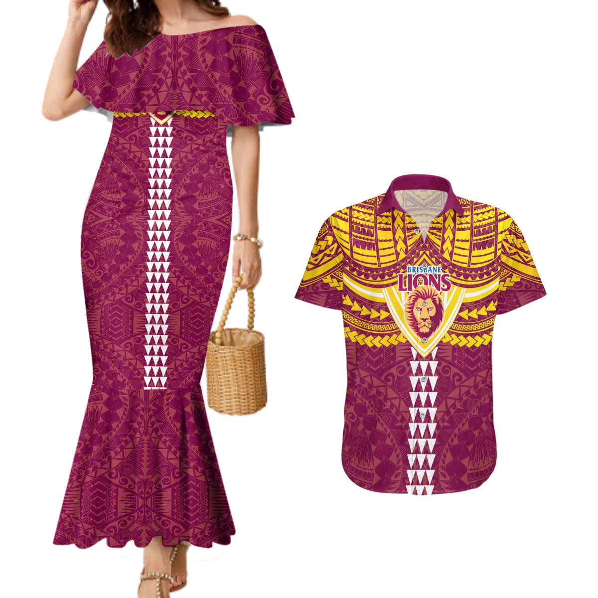 Personalized Brisbane Lions Couples Matching Mermaid Dress and Hawaiian Shirt Polynesian Tribal Pattern Heritage Football
