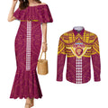 Personalized Brisbane Lions Couples Matching Mermaid Dress and Long Sleeve Button Shirt Polynesian Tribal Pattern Heritage Football