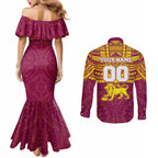 Personalized Brisbane Lions Couples Matching Mermaid Dress and Long Sleeve Button Shirt Polynesian Tribal Pattern Heritage Football