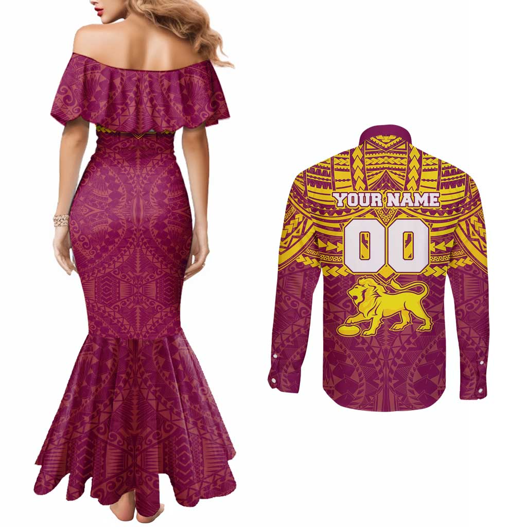 Personalized Brisbane Lions Couples Matching Mermaid Dress and Long Sleeve Button Shirt Polynesian Tribal Pattern Heritage Football