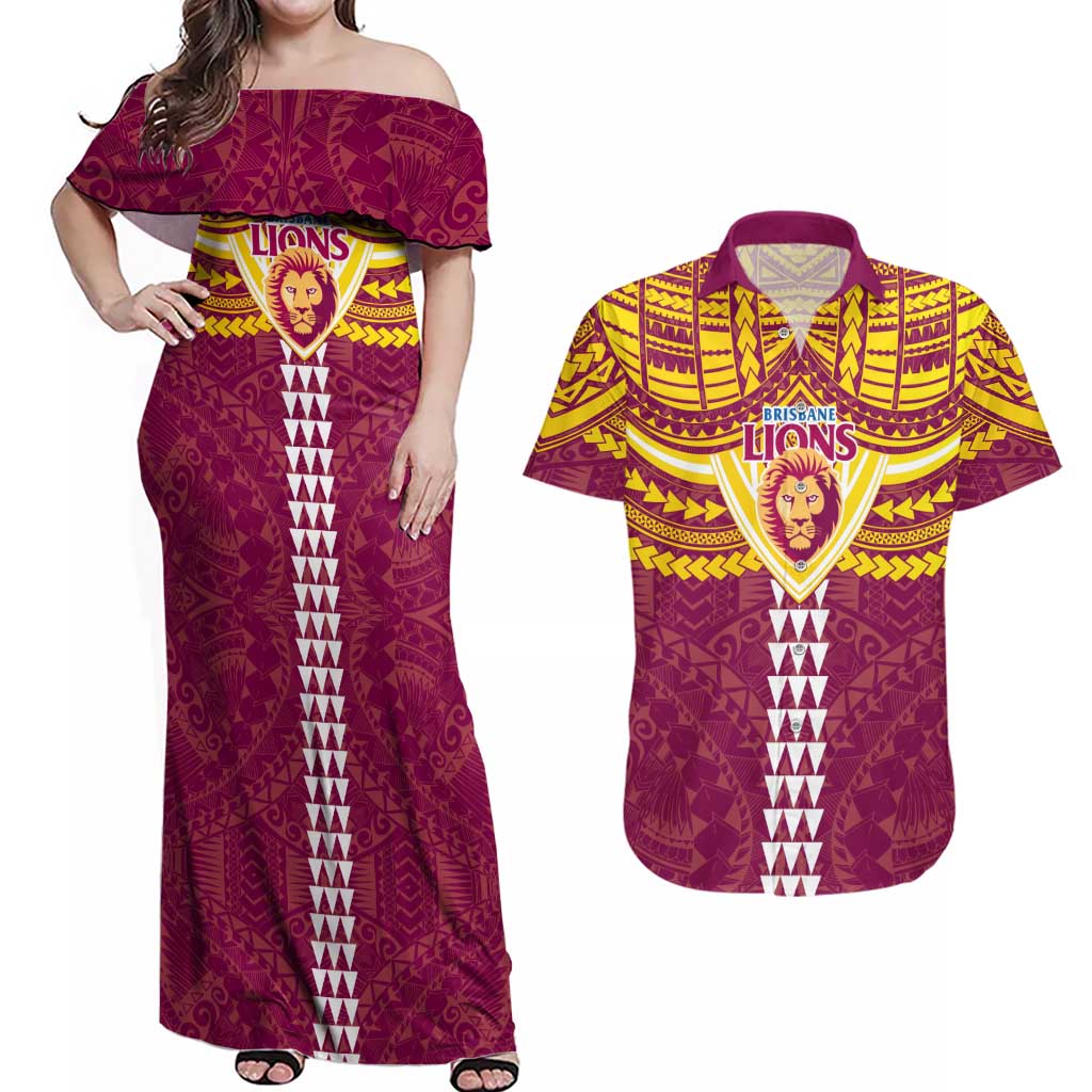 Personalized Brisbane Lions Couples Matching Off Shoulder Maxi Dress and Hawaiian Shirt Polynesian Tribal Pattern Heritage Football