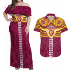 Personalized Brisbane Lions Couples Matching Off Shoulder Maxi Dress and Hawaiian Shirt Polynesian Tribal Pattern Heritage Football