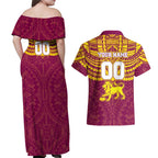 Personalized Brisbane Lions Couples Matching Off Shoulder Maxi Dress and Hawaiian Shirt Polynesian Tribal Pattern Heritage Football