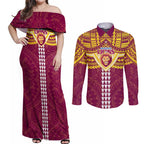 Personalized Brisbane Lions Couples Matching Off Shoulder Maxi Dress and Long Sleeve Button Shirt Polynesian Tribal Pattern Heritage Football
