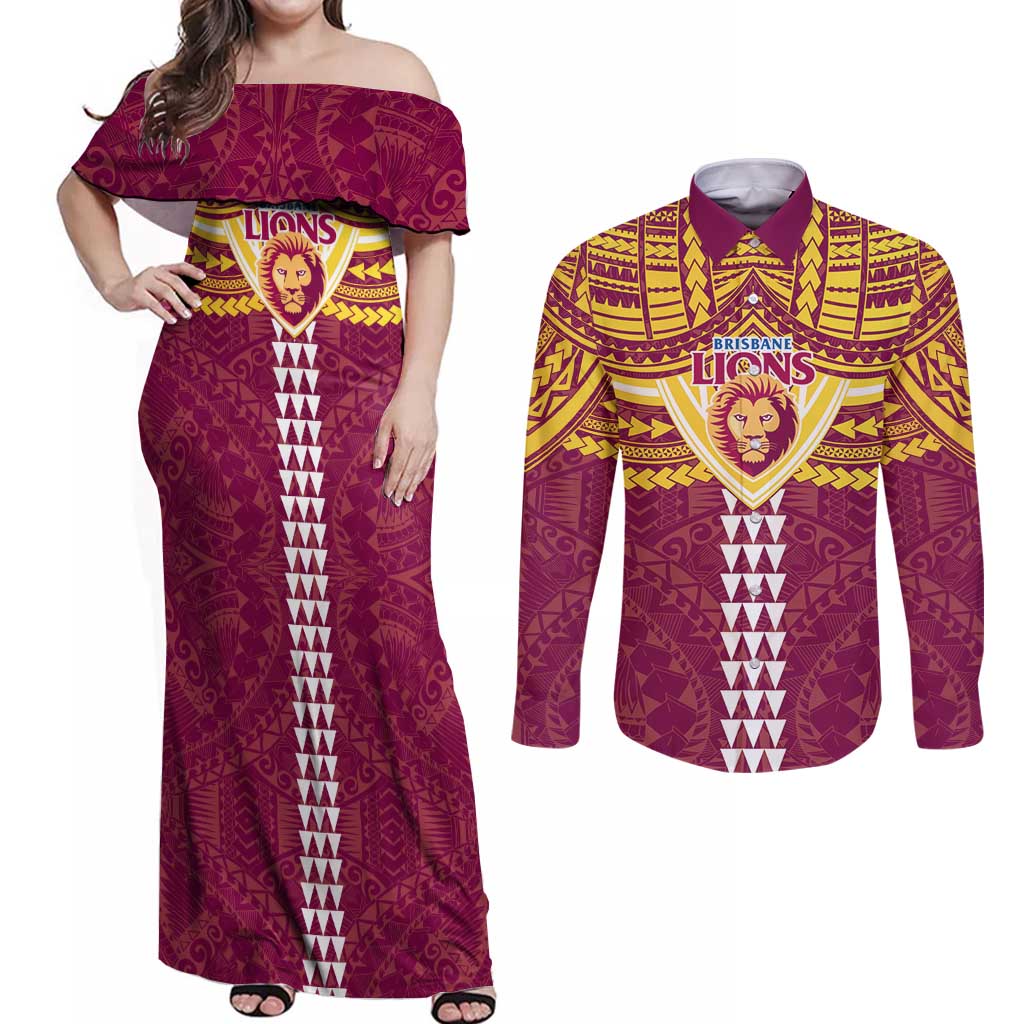 Personalized Brisbane Lions Couples Matching Off Shoulder Maxi Dress and Long Sleeve Button Shirt Polynesian Tribal Pattern Heritage Football
