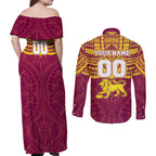 Personalized Brisbane Lions Couples Matching Off Shoulder Maxi Dress and Long Sleeve Button Shirt Polynesian Tribal Pattern Heritage Football