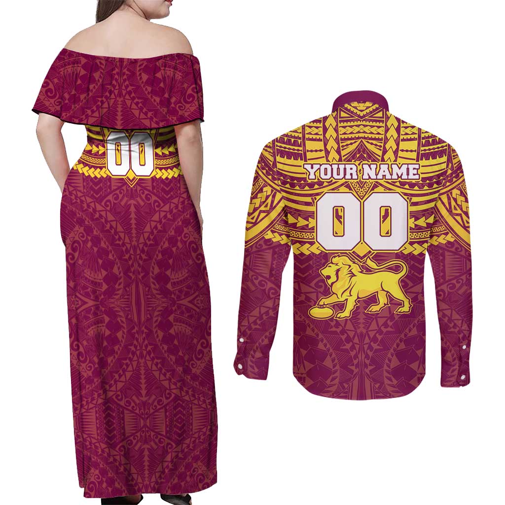 Personalized Brisbane Lions Couples Matching Off Shoulder Maxi Dress and Long Sleeve Button Shirt Polynesian Tribal Pattern Heritage Football