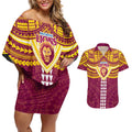 Personalized Brisbane Lions Couples Matching Off Shoulder Short Dress and Hawaiian Shirt Polynesian Tribal Pattern Heritage Football