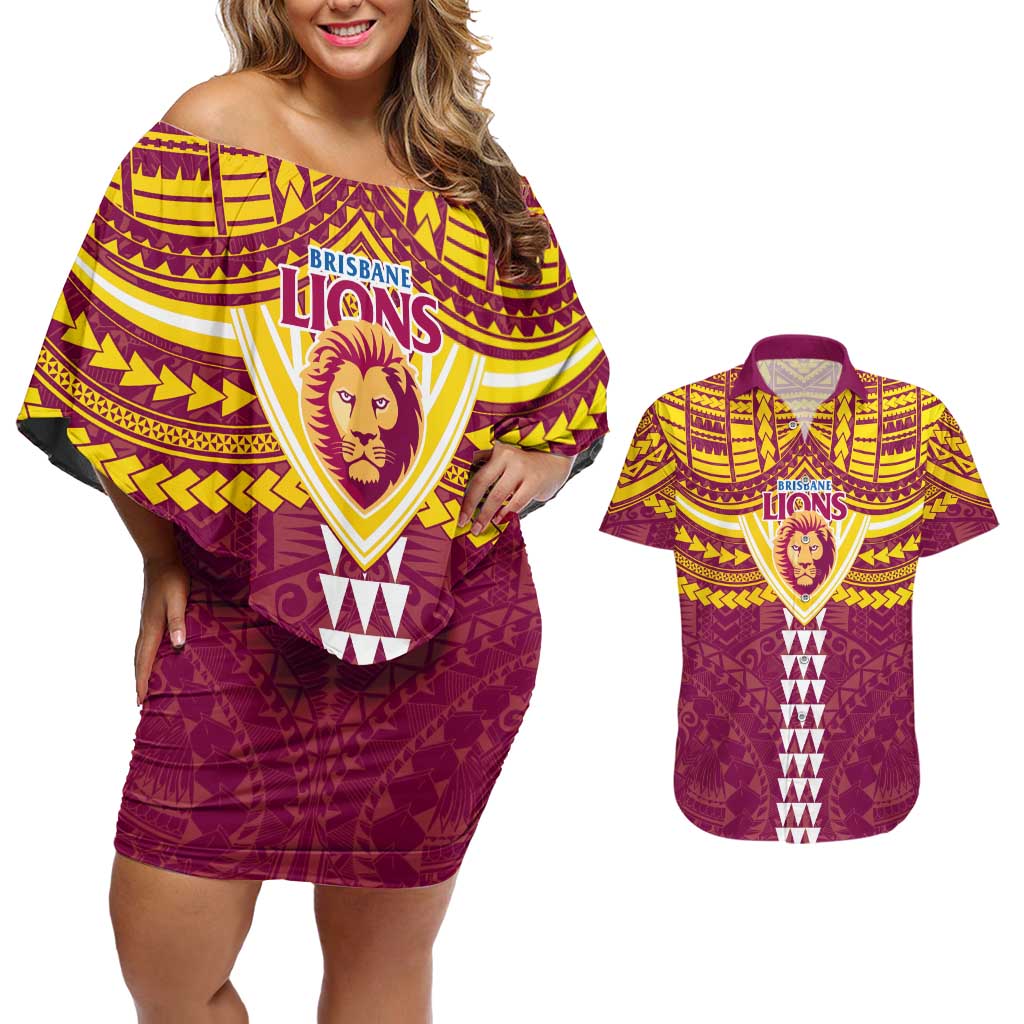 Personalized Brisbane Lions Couples Matching Off Shoulder Short Dress and Hawaiian Shirt Polynesian Tribal Pattern Heritage Football