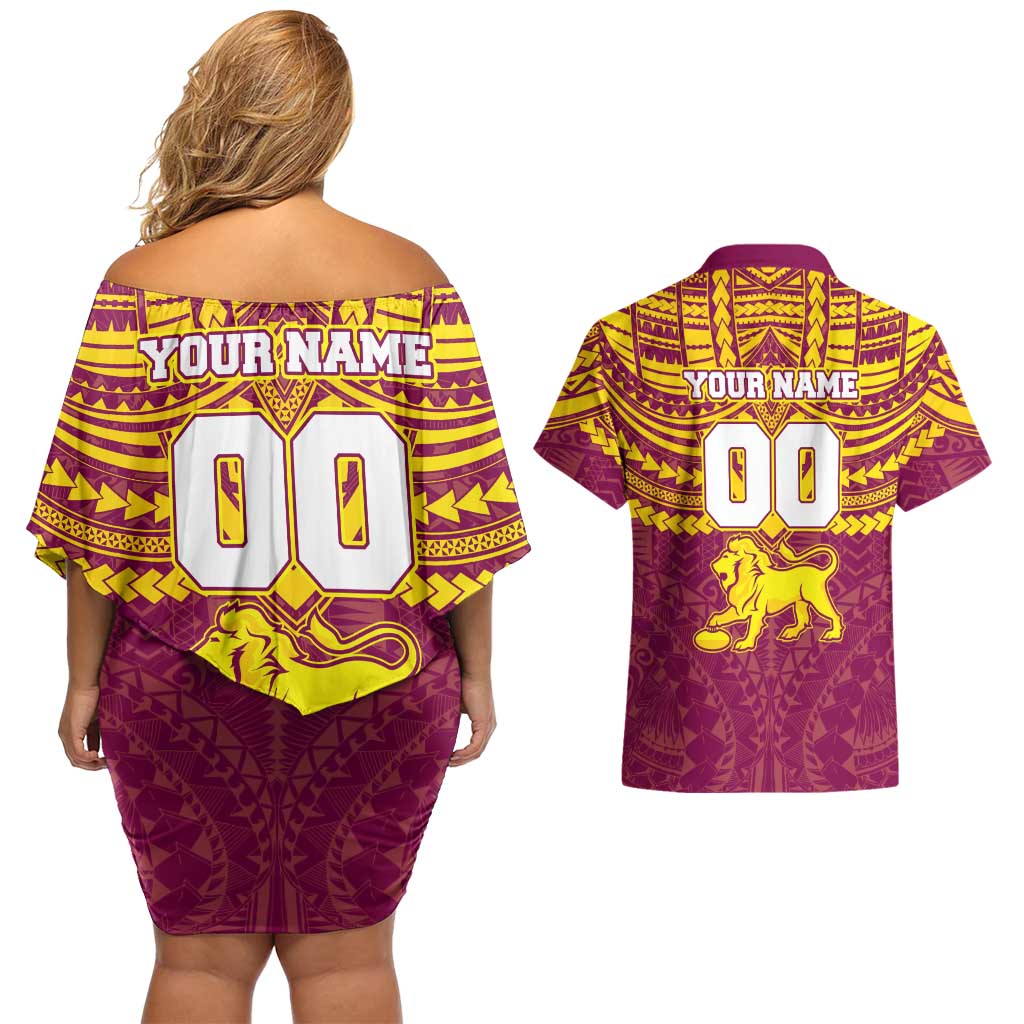 Personalized Brisbane Lions Couples Matching Off Shoulder Short Dress and Hawaiian Shirt Polynesian Tribal Pattern Heritage Football