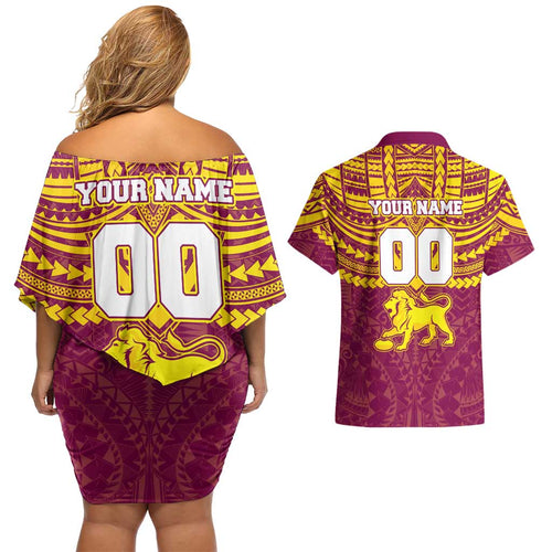 Personalized Brisbane Lions Couples Matching Off Shoulder Short Dress and Hawaiian Shirt Polynesian Tribal Pattern Heritage Football