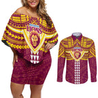 Personalized Brisbane Lions Couples Matching Off Shoulder Short Dress and Long Sleeve Button Shirt Polynesian Tribal Pattern Heritage Football
