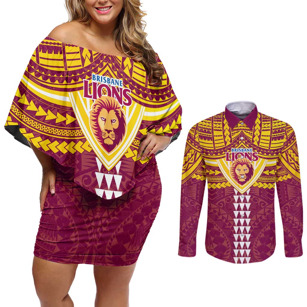 Personalized Brisbane Lions Couples Matching Off Shoulder Short Dress and Long Sleeve Button Shirt Polynesian Tribal Pattern Heritage Football