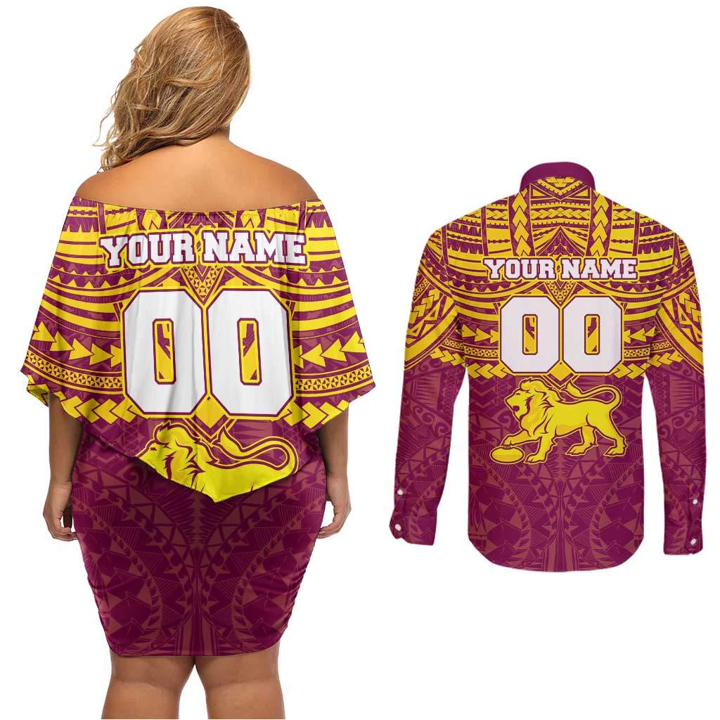 Personalized Brisbane Lions Couples Matching Off Shoulder Short Dress and Long Sleeve Button Shirt Polynesian Tribal Pattern Heritage Football