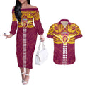 Personalized Brisbane Lions Couples Matching Off The Shoulder Long Sleeve Dress and Hawaiian Shirt Polynesian Tribal Pattern Heritage Football