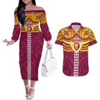 Personalized Brisbane Lions Couples Matching Off The Shoulder Long Sleeve Dress and Hawaiian Shirt Polynesian Tribal Pattern Heritage Football