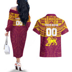 Personalized Brisbane Lions Couples Matching Off The Shoulder Long Sleeve Dress and Hawaiian Shirt Polynesian Tribal Pattern Heritage Football