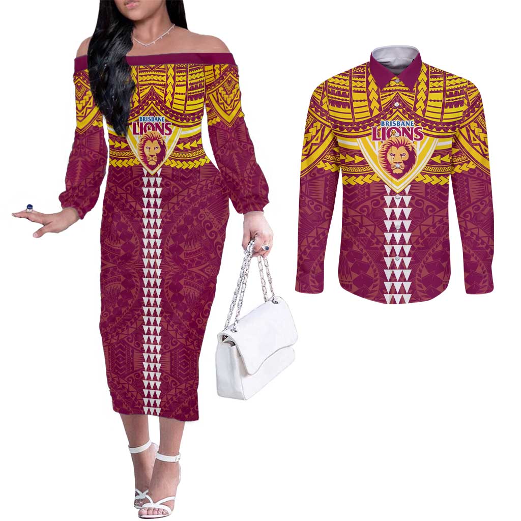Personalized Brisbane Lions Couples Matching Off The Shoulder Long Sleeve Dress and Long Sleeve Button Shirt Polynesian Tribal Pattern Heritage Football