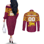 Personalized Brisbane Lions Couples Matching Off The Shoulder Long Sleeve Dress and Long Sleeve Button Shirt Polynesian Tribal Pattern Heritage Football