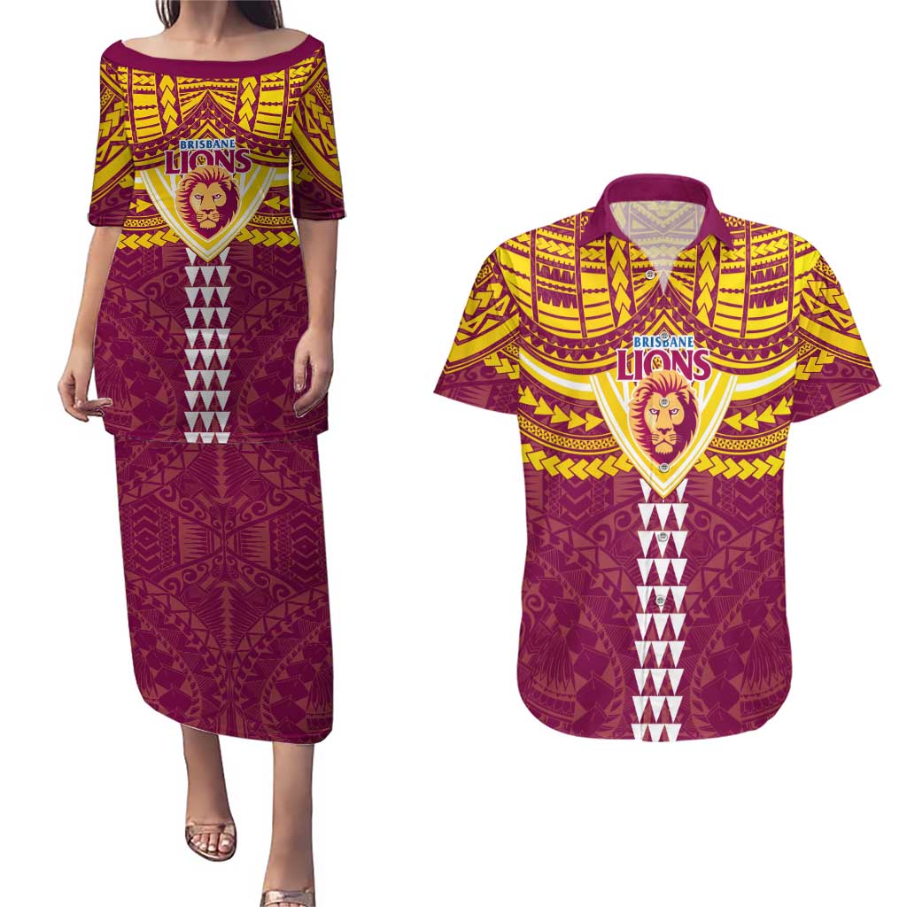 Personalized Brisbane Lions Couples Matching Puletasi and Hawaiian Shirt Polynesian Tribal Pattern Heritage Football
