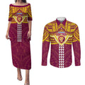 Personalized Brisbane Lions Couples Matching Puletasi and Long Sleeve Button Shirt Polynesian Tribal Pattern Heritage Football
